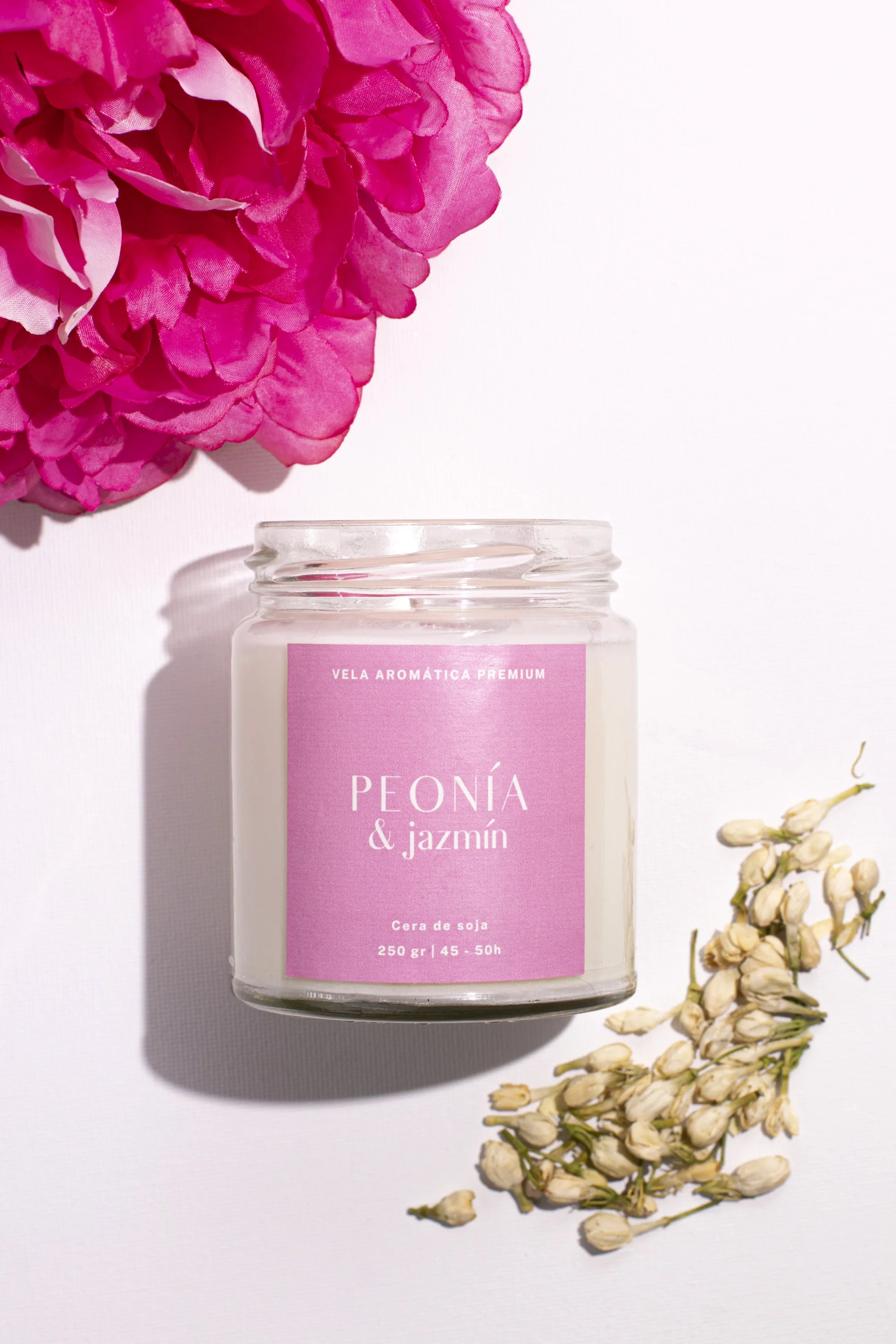 Vela aromática artesanal de peonía y jazmín