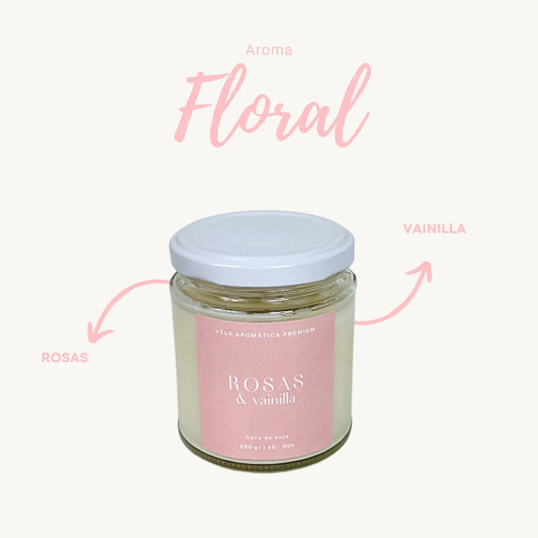 Vela aromática artesanal de rosas y vainilla