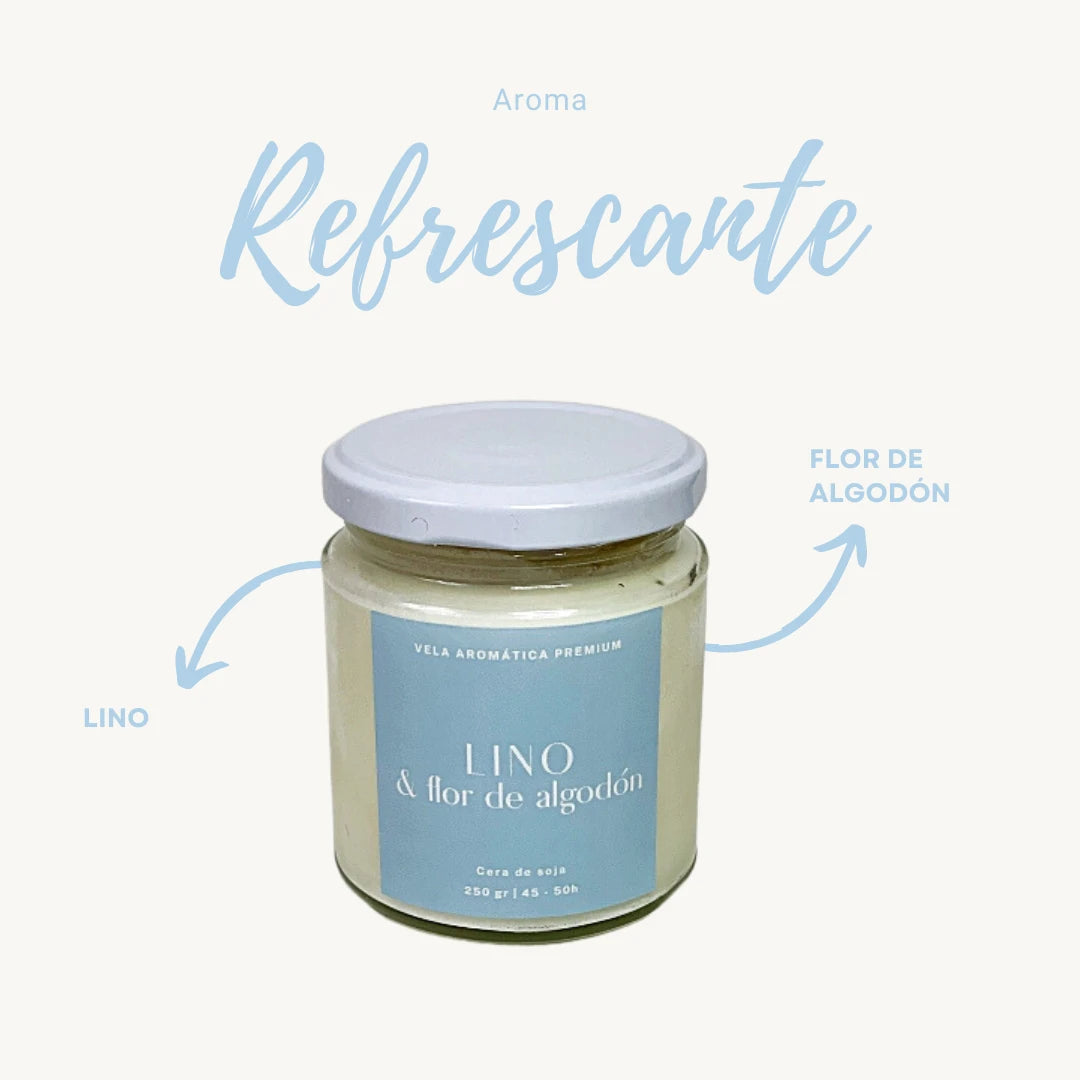 Vela aromática artesanal de lino y flor de algodón