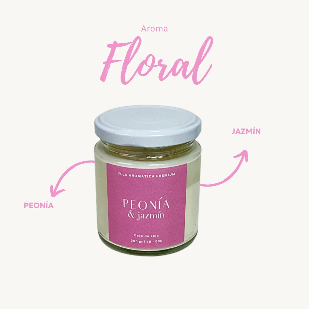 Vela aromática artesanal de peonía y jazmín